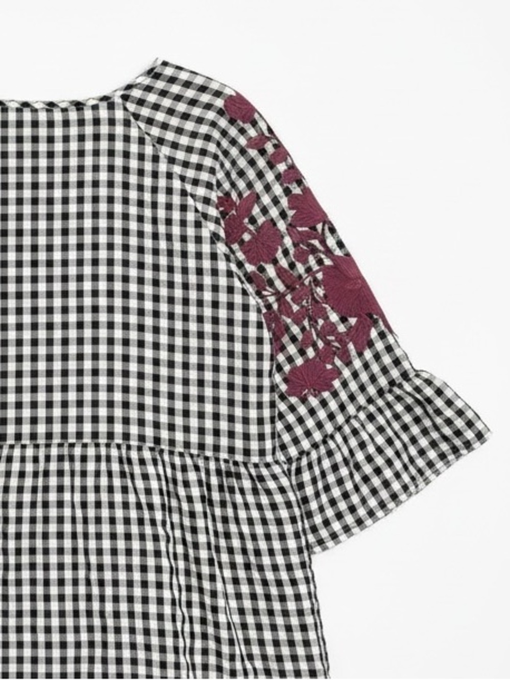 Layerz Embroidered Top Pink Black Gingham Peasant Ruffled Size XL - Picture 6 of 9